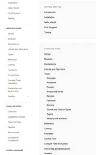 language documentation table of contents